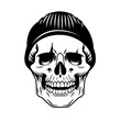 © Suphanny - Skull with Beanie Hat Illustration, Black and white illustration of a skull wearing a beanie hat, combining urban style with a macabre theme.