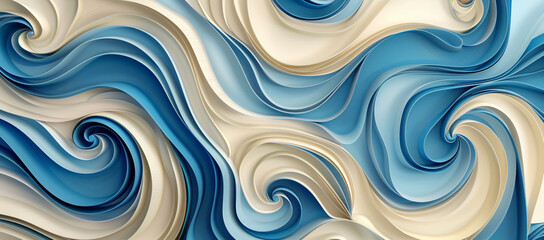 Poster - 
3D background with swirling blue and cream waves, hyper-detailed illustrations in the style of white and beige, hyper-realistic water, soft lines and shapes, dark sky-blue and light indigo