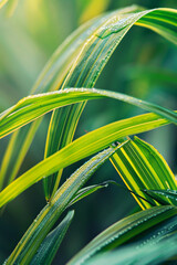 Wall Mural - A close-up of the vibrant green and yellow strips on coconut palm leaves, with clear details visible in each strip, set against an out-of-focus background that suggests gentle waves or sand at the bea