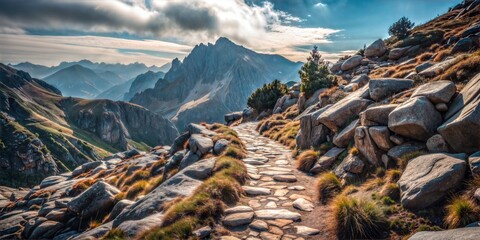Rocky Trail Blur: A rugged, rocky trail winding through a mountainous landscape, perfect for an adventurous theme.	
