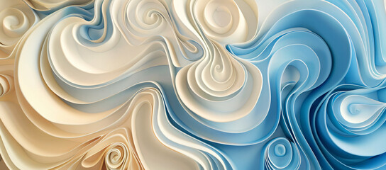 Poster - 
3D background with swirling blue and cream waves, hyper-detailed illustrations in the style of white and beige, hyper-realistic water, soft lines and shapes, dark sky-blue and light indigo