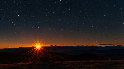 Poster - As the sun sets behind the mountains the stars begin to le in the darkening sky.