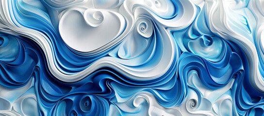 Poster - 
3D background with swirling blue and cream waves, hyper-detailed illustrations in the style of white and beige, hyper-realistic water, soft lines and shapes, dark sky-blue and light indigo
