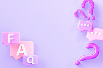 Poster - 3d faq speech bubble icons render purple background. Question answer communication social dialogue banner with color rectangular chat message boxes, ask or doubt signs and empty space. 3D illustration
