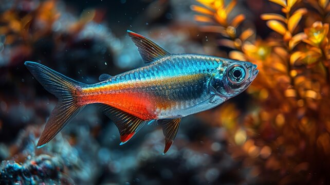 Colorful neon tetra fish in an underwater environment