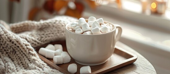 Wall Mural - Cozy home with a tray and coffee topped with marshmallows.