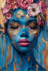 Wall Mural - Surreal Portrait of Blue-Skinned Woman with Flowers, Gold Glitter and Leaf Accents, Vibrant Oil Painting