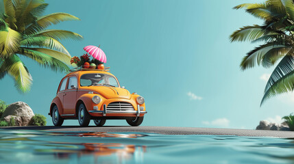 Retro Orange Car with Summer Vacation Accessories 3D Render on Green Background