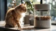 © deafebrisa - Cat beside automatic pet feeder in a cozy home