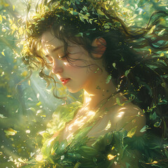 Wall Mural - Woman in green dress surrounded by leaves and flowers, happy in natures embrace