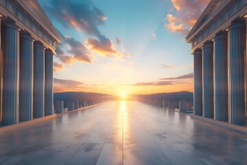 Stunning sunrise view between ancient Greek columns, highlighting majestic architecture and serene landscape