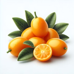 Wall Mural - A group of oranges with leaves on a white background.

