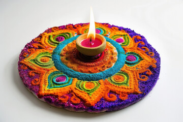 Poster - Traditional oil lamp with colorful rangoli design on diwali festival