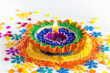 Poster - Traditional oil lamp with colorful rangoli design on diwali festival