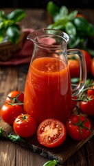 Wall Mural - Tomato juice in a glass jug and fresh tomatoes on a wooden table.