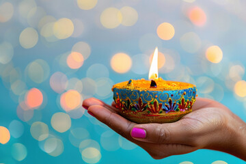 female hand holding diya or oil lamp on traditional festival diwali