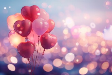 Poster - A collection of heart-shaped balloons against a dreamy backdrop of city lights, perfect for romantic occasions and celebrations. Generative AI