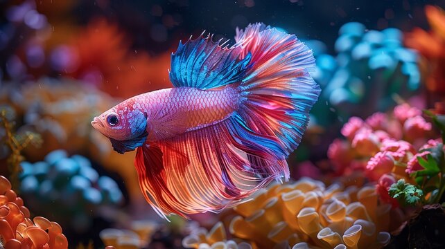 Vibrant betta fish swimming in a colorful aquarium