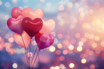 Poster - Romantic heart-shaped balloons against a sparkling city lights background, perfect for event planners and restaurants. Generative AI
