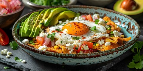 Canvas Print - Colorful chilaquiles with eggs, avocado, and queso fresco on a festive table setting. Concept Food Photography, Breakfast Inspiration, Mexican Cuisine, Vibrant Dishes, Festive Presentation