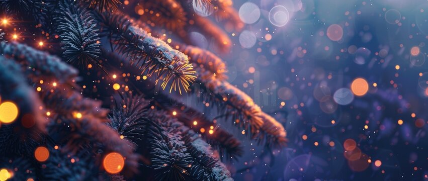 snow falling in winter season orament, Snowy winter scene with frosted spruce branches, bokeh christmas lights, and space for text.