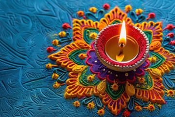 Canvas Print - Traditional oil lamp with colorful rangoli design on diwali festival