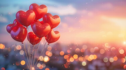 Poster - A cluster of red heart-shaped balloons floats against a romantic cityscape at sunset. Generative AI