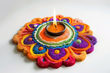 Canvas Print - Traditional oil lamp with colorful rangoli design on diwali festival