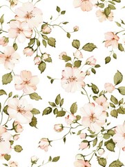 Wall Mural - Floral pattern with delicate, light pink flowers and green leaves. Wallpaper, fabric print