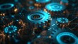 © mikeosphoto - Abstract image of a futuristic gear mechanism with glowing blue and orange elements. The intricate design showcases interlocking gears and digital circuit board components in a high-tech environment