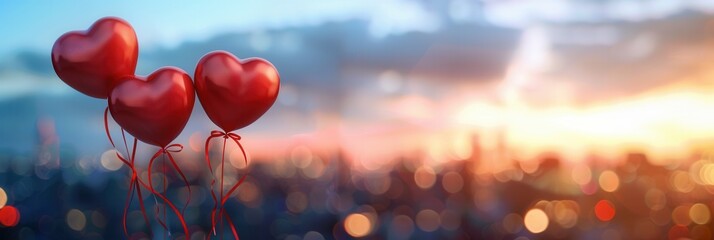 Aufkleber - Heart-shaped balloons floating against a city skyline at sunset, perfect for romantic events and celebrations. Generative AI