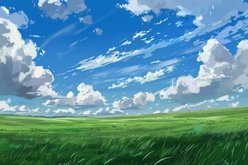 Beautiful blue sky with fluffy white clouds over a lush green field. Nature landscape background.