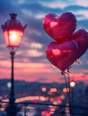 Aufkleber - A beautiful image featuring heart-shaped balloons floating in the evening sky, with a soft glow from a street lamp and city lights. Generative AI
