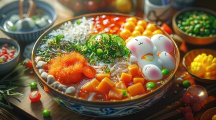 Wall Mural - A bowl of food with a rabbit on top