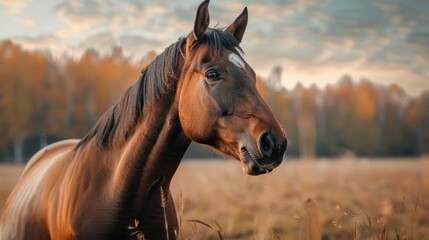 Wall Mural - A brown horse is standing in a field with a cloudy sky in the background