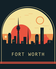 Wall Mural - Fort Worth city retro style poster with skyline, cityscape. USA Texas state vintage vector illustration. US front cover, brochure, flyer, leaflet template, layout image