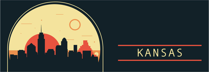 Wall Mural - Kansas city retro style vector banner with skyline, cityscape. USA Missouri state vintage horizontal illustration. United States of America travel layout for web presentation, header, footer