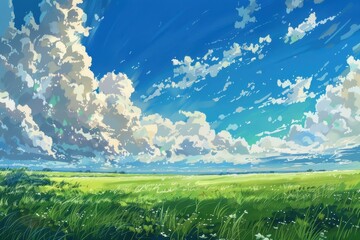 Beautiful digital painting of a green field with a bright blue sky and fluffy white clouds. Artistic landscape with vibrant colors and peaceful atmosphere.