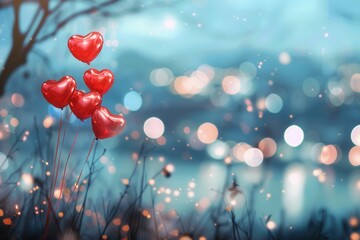 Aufkleber - Heart-shaped balloons float against a backdrop of twinkling lights and a dreamy, romantic evening atmosphere. Generative AI