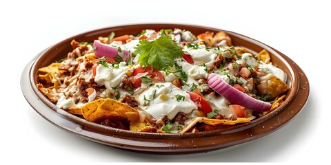 Sticker - Ornate round plate of chilaquiles isolated on white a traditional Mexican dish. Concept #MexicanCuisine, #Chilaquiles, #TraditionalDish, #FoodPhotography, #IsolatedPlate