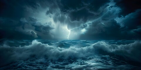 Wall Mural - A dramatic night storm at sea with giant waves, lightning, and a dark sky. Concept Storm at Sea, Giant Waves, Lightning, Dark Sky, Dramatic Night