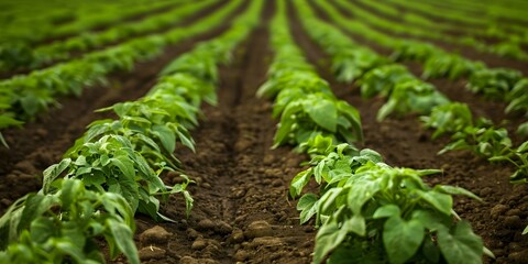 Wall Mural - Rows of Lush Green Potato Fields in a Rural Agricultural Landscape. Concept Rural Scenery, Agriculture, Potato Fields, Green Landscape, Rural Life