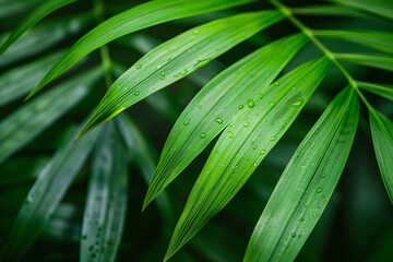 Wall Mural - Close-up of Dewy Green Bamboo Leaves