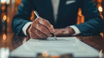 A man in a suit is writing on a piece of paper with a pen