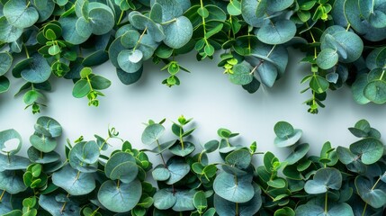 Poster - Eucalyptus leaves arranged in a border frame around a white background.
