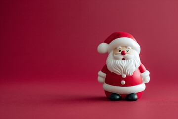 A cute, small Santa Claus figurine set against a vibrant red background, perfect for festive Christmas decoration with empty space for mockup