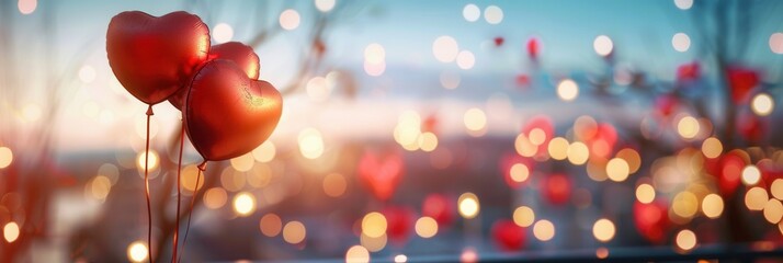Aufkleber - Two red heart-shaped balloons float against a backdrop of warm evening lights, creating a romantic atmosphere. Generative AI