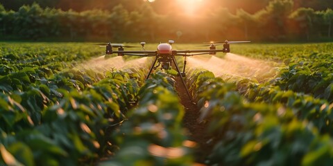 Wall Mural - Precision Application of Nutrients Using Drones for Optimal Potato Field Growth. Concept Agricultural Technology, Precision Farming, Drone Applications, Crop Management, Potato Growth