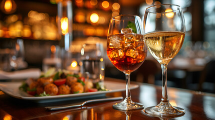 Wall Mural - Two glasses of wine and a plate of food on a table.