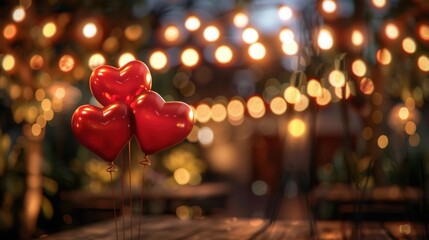 Aufkleber - Three red heart-shaped balloons in the foreground with a blurred background of string lights illuminating a romantic scene at dusk. Generative AI